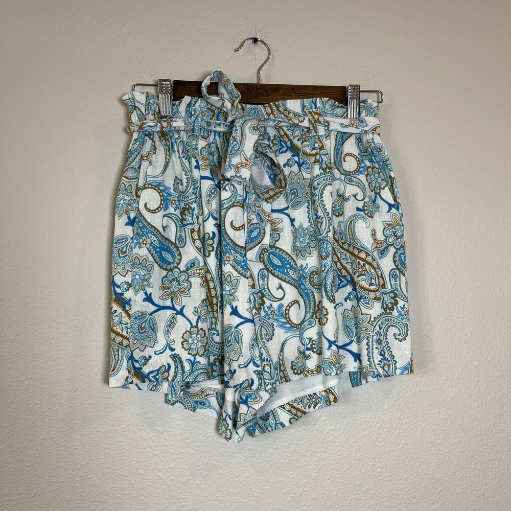 MINKPINK Womens Blue Paisley Linen Blend Paperbag Waist Shorts Medium NWOT